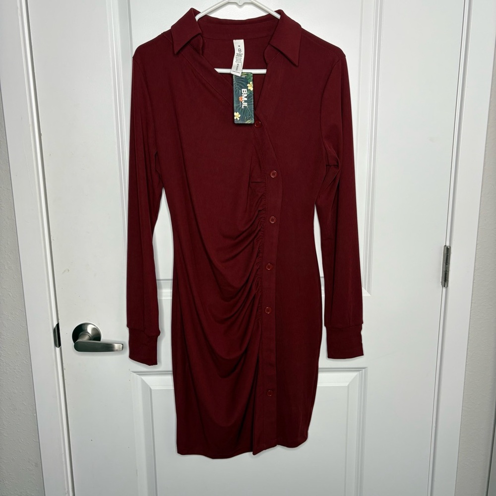 Red Ruched Wrap Long Sleeve Dress